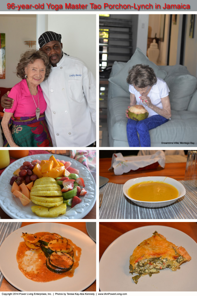 96-year-old Yoga Master Tao Porchon-Lynch enjoying food from Chef Loxley Murray at Dreamtime Villa in Montego Bay, Jamaica