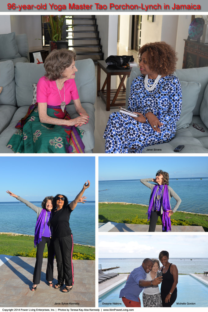 96-year-old Yoga Master Tao Porchon-Lynch with Friends and Visitors at Dreamtime Villa in Montego Bay, Jamaica