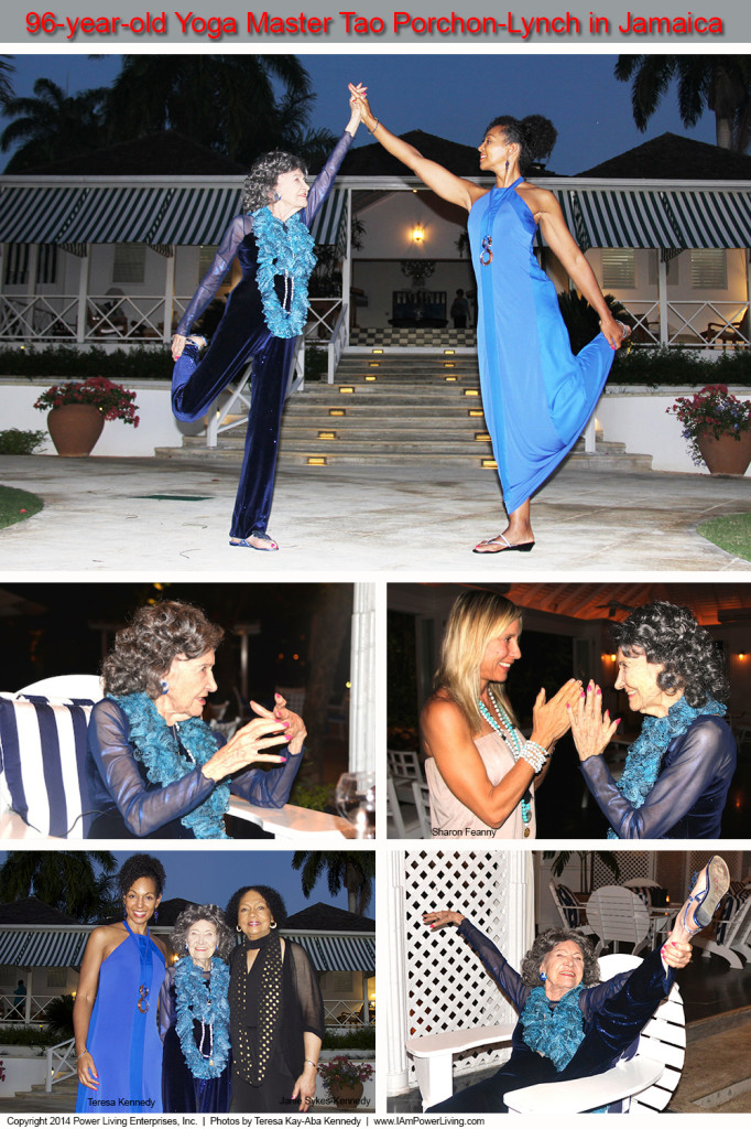 96-year-old yoga master Tao Porchon-Lynch at farm-to-table dinner at Round Hill in Montego Bay, Jamaica