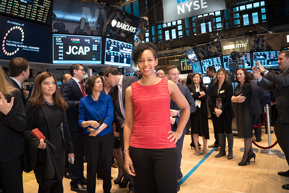 Teresa Kay-Aba Kennedy with fellow Young Global Leaders and World Economic Forum Members at Opening Bell Ceremony of New York Stock Exchange - March 27, 2015