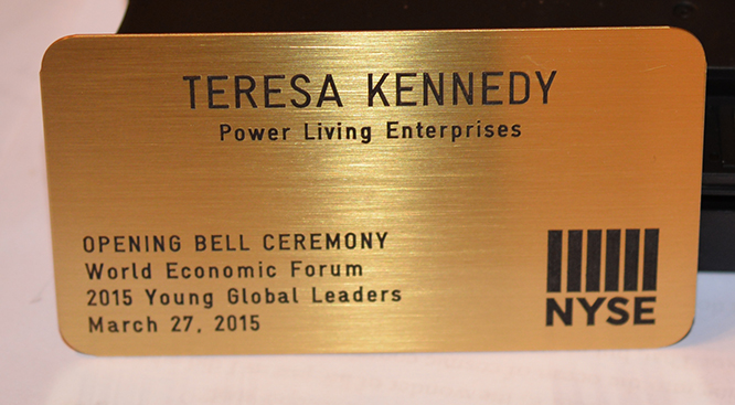 Teresa Kay-Aba Kennedy's badge for Opening Bell Ceremony of New York Stock Exchange - March 27, 2015