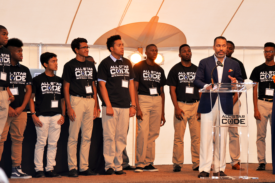 Valentino D. Carlotti and students at the 2nd Annual All Star Code Summer Benefit in East Hampton, July 25, 2015