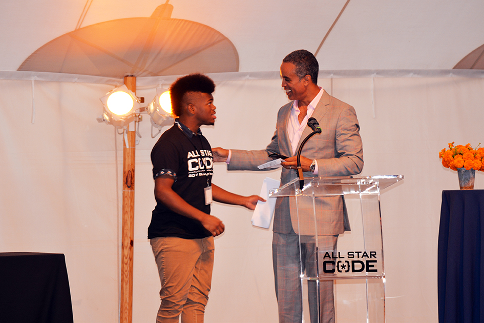 Maurice DuBois and student at the 2nd Annual All Star Code Summer Benefit in East Hampton, July 25, 2015