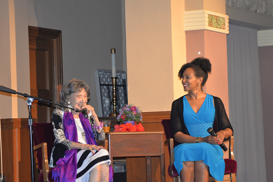 97-year-old yoga master Tao Porchon-Lynch and empowerment expert Teresa Kay-Aba Kennedy in "Conversation with a Master" in Kansas City