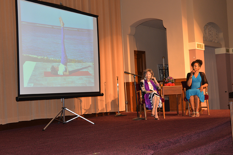 97-year-old yoga master Tao Porchon-Lynch and empowerment expert Teresa Kay-Aba Kennedy at "Conversation with a Master" in Kansas City