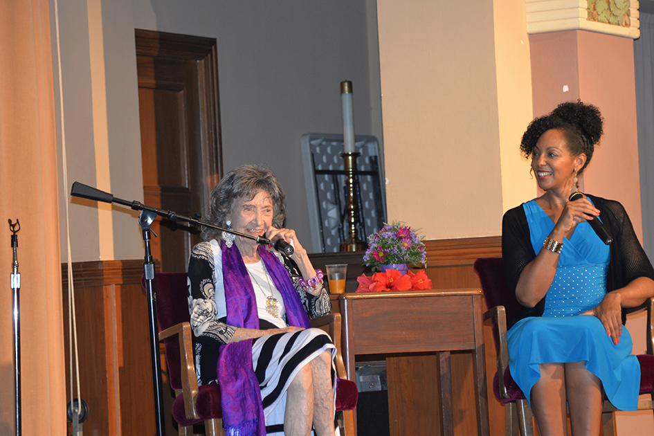 97-year-old yoga master Tao Porchon-Lynch and empowerment expert Teresa Kay-Aba Kennedy in "Conversation with a Master" in Kansas City