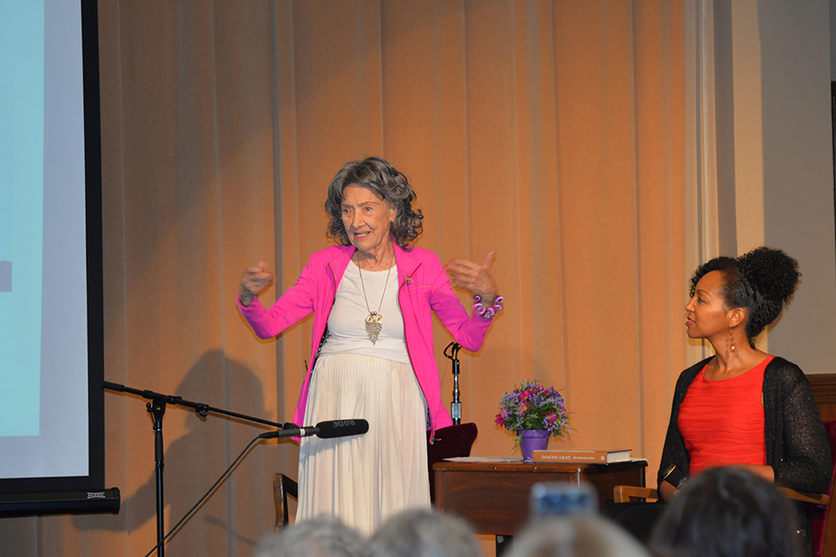 97-year-old yoga master Tao Porchon-Lynch and empowerment expert Teresa Kay-Aba Kennedy leading The Gandhi Effect workshop in Kansas City