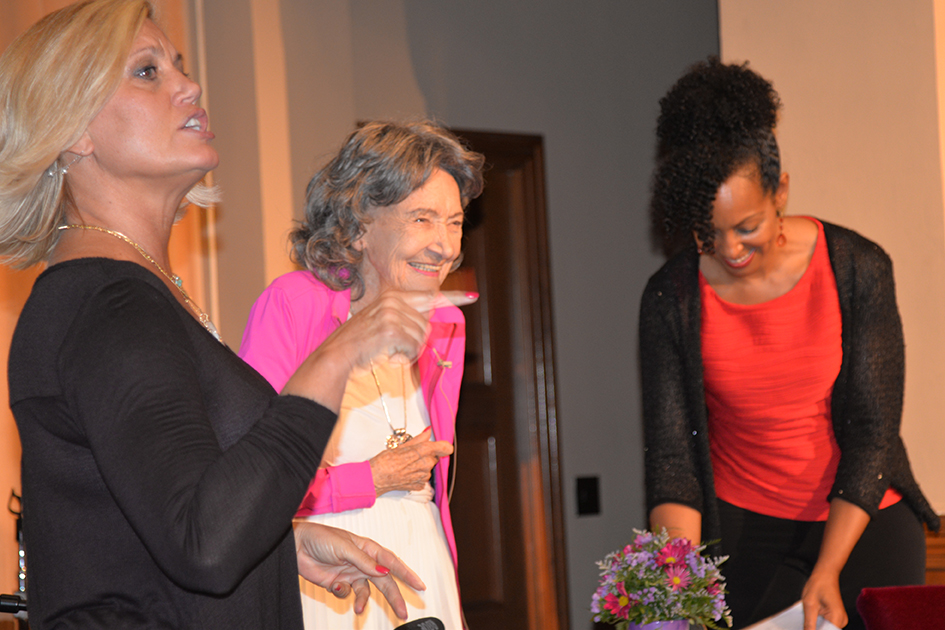 Gretchen Robinson, 97-year-old yoga master Tao Porchon-Lynch and empowerment expert Teresa Kay-Aba Kennedy at The Gandhi Effect workshop in Kansas City