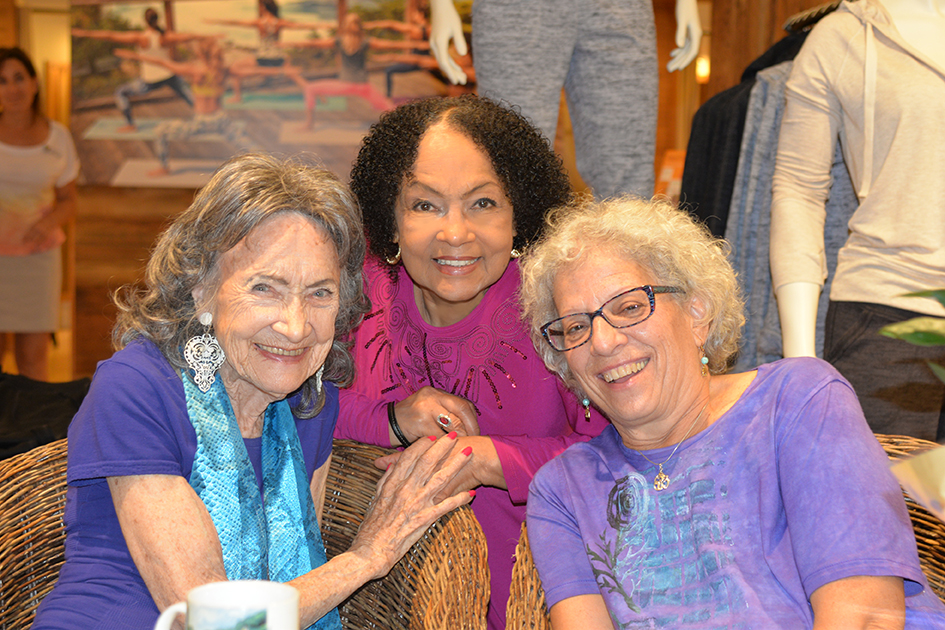 97-year-old yoga master Tao Porchon-Lynch, Janie Sykes-Kennedy and Joyce Pines at Dancing Light book launch event at Athleta store in Scarsdale, September 17, 2015
