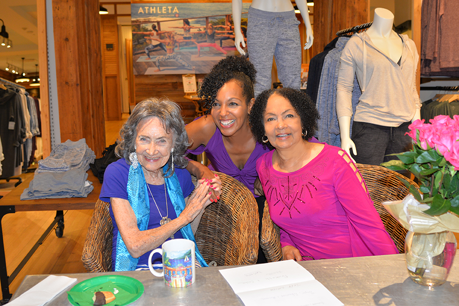 97-year-old yoga master Tao Porchon-Lynch, Janie Sykes-Kennedy and Teresa Kay-Aba Kennedy at Dancing Light book launch event at Athleta store in Scarsdale, September 17, 2015
