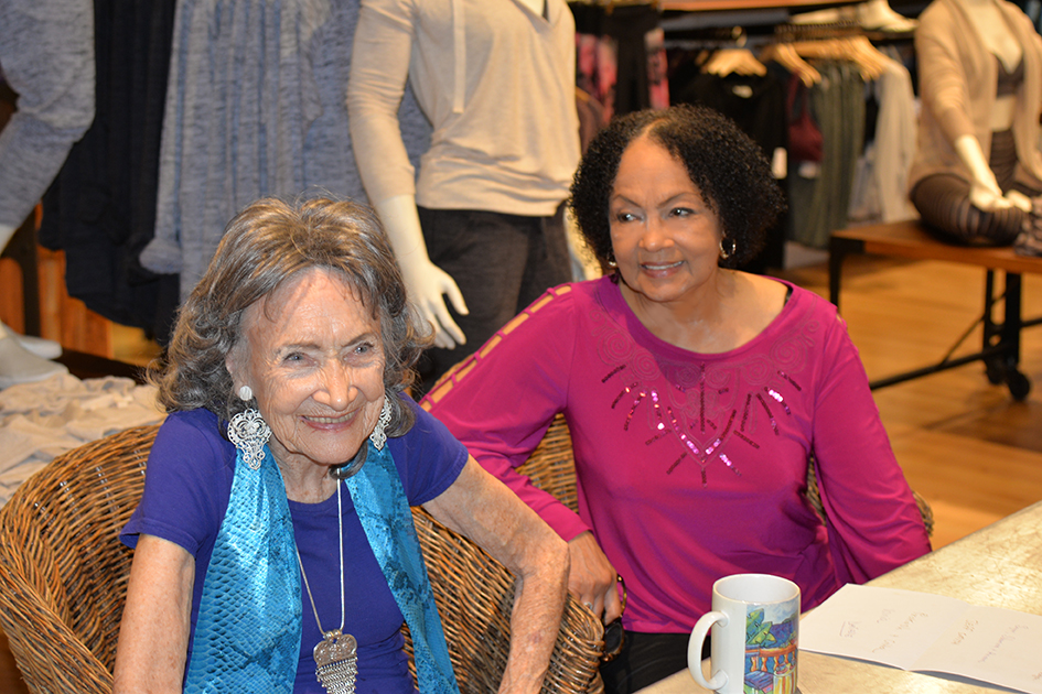 97-year-old yoga master Tao Porchon-Lynch and Janie Sykes-Kennedy at Dancing Light book launch event at Athleta store in Scarsdale, September 17, 2015