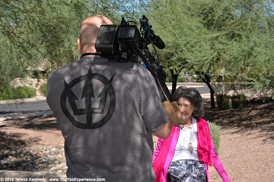 97-year-old yoga master Tao Porchon-Lynch doing interview for The List, September 25th, 2015