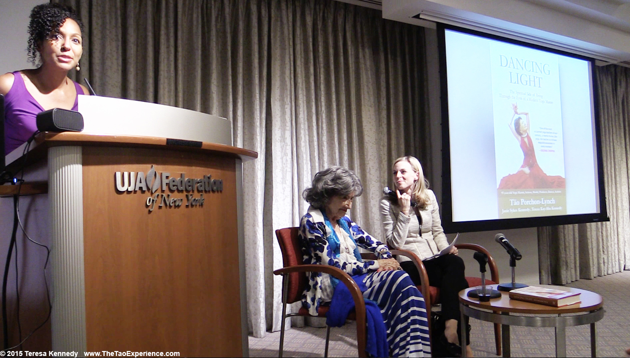 Teresa Kay-Aba Kennedy introducing 97-year-old yoga master Tao Porchon-Lynch with CNBC's Courtney Reagan at Harvard Business School Club event at UJA Federation in NY, September 30, 2015