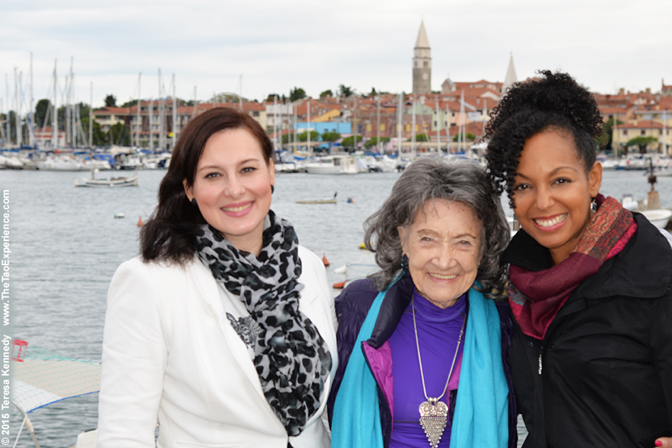 97-year-old yoga master Tao Porchon-Lynch with Breda Bozic and Teresa Kay-Aba Kennedy in Slovenia, October 8, 2015