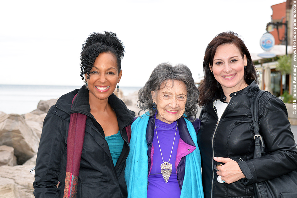 97-year-old yoga master Tao Porchon-Lynch with Teresa Kay-Aba Kennedy and Breda Bozic in Slovenia, October 8, 2015