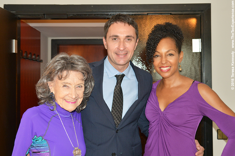 97-year-old yoga master Tao Porchon-Lynch with Gregor Jamnik and Teresa Kay-Aba Kennedy at Hotel Slon in Slovenia, October 8, 2015