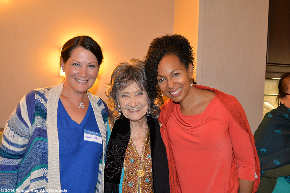 97-year-old yoga master Tao Porchon-Lynch with Joanna Rajendran and Teresa Kay-Aba Kennedy at Tao's Spring Party-April 10, 2016